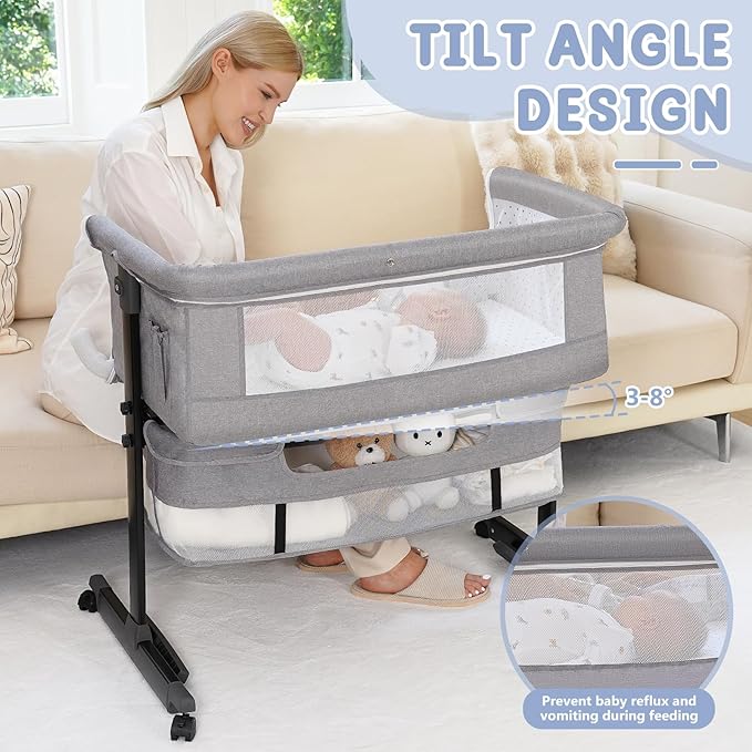 Baby Bassinet, 3 in 1 Bassinets Bedside Sleeper, Adjustable Height Bedside Sleeper with Rocking Mode, Breathable Mesh, Storage Basket, Wheels, Easy Assemble & Folding (Gray)