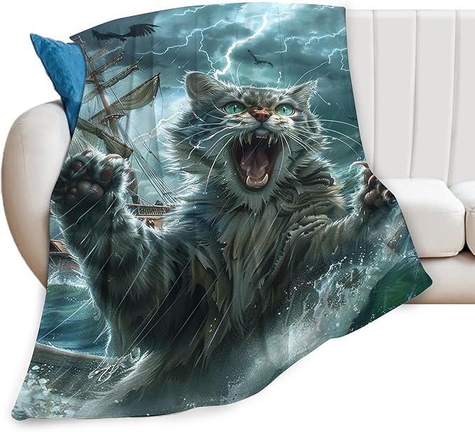 Flannel Cat Throw Blanket 80"x60" Blue and White Modern Style for Adults and Children, Lightweight, Anti-Allergy, Perfect for Napping, Reading, Travel, Camping