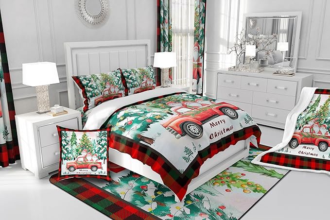 Xmas Theme Comforter Set Twin Size,Christmas Tree Retro Red Truck Bedding Set for Kids Boys Girls Room Decor,Black Red Plaid Quilt Set 2Pcs,Cartoon Gnome Merry Christmas Duvet Insert,1 Pillowcase