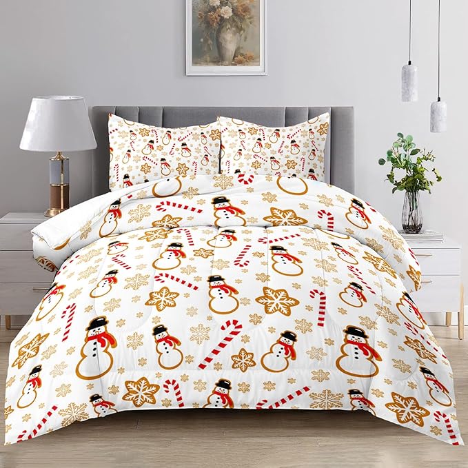 Raphus cucullatus Christmas Bedding Full,Snowman Christmas Comforter Set,Holiday Bedding Winter Quilt,Snowflake Navidad Comforter Set Full,Cute Candy Cane Quilt