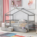 Merax Twin Size Wooden House Bed with Two Drawers, Wood Bed Frame with Roof and Safety Guardrail for Kids, Teens, Boys or Girls, Gray