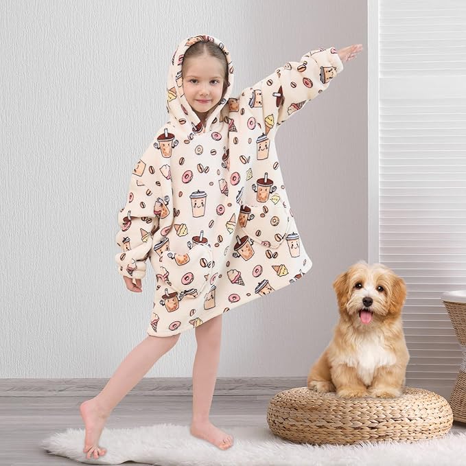 Fiosnow Milky Tea Blanket Hoodies for Kids Toddler 2-6YR Oversize Wearable Blanket Hoodies for Boys Girls Teens