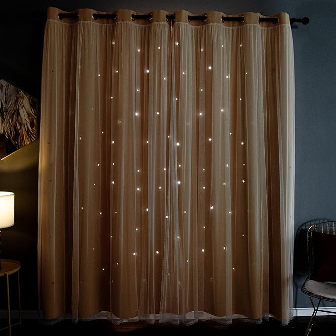 Kinryb Kids Blackout Curtains for Bedroom/Living Room/Classroom, Sheer Overlay 72 Inches 2 Panel Set, Double Layer Curtains with Star Cutout for Kids Room(W 52 x L 72 Inches,Yellow 2 Pcs)