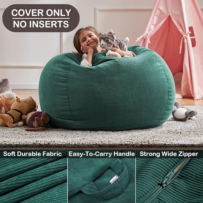 Nobildonna 3 ft Bean Bag Chair Cover (No Filler) 35"×43" Large Stuffed Animal Storage Bean Bag Washable Big Beanbag Chair Cover Premium Corduroy Bean Bag Cover for Adults,Kids,Hunter Green 300L