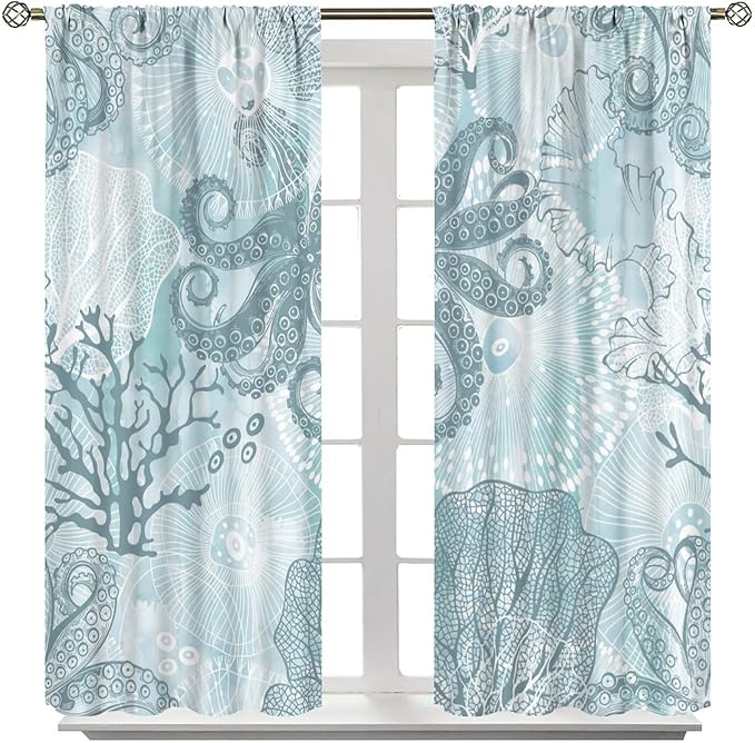 Coastal Window Curtains,Nautical Beach Themed Thermal Insulating Blackout Curtain for Living Room, Bedroom Set 2 Panels,42x54 Inches