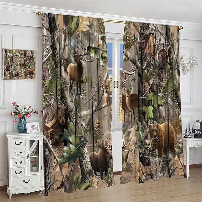Retro Forest Window Curtains, Camouflage Hunting Tree Camo Rustic Deer Elk Bird Bear Blackout Rod Pocket Windows Door Curtain for Bedroom Living Room Home Decor 52x84in