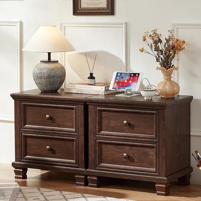 Farmhouse Bedroom Dresser and Nightstand Set of 4, 6 Drawer Tall & Low Dresser & 2 Drawer Nightstand Set, Rustic Wood Furniture Set for Bedroom, Hallway, Walnut