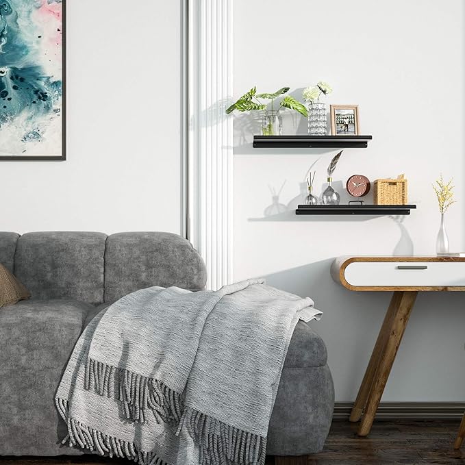 SRIWATANA Black Metal Wall Shelves, 2 Set Floating Shelves for Bedroom, Living Room, Bathroom, Kitchen - Matte Black