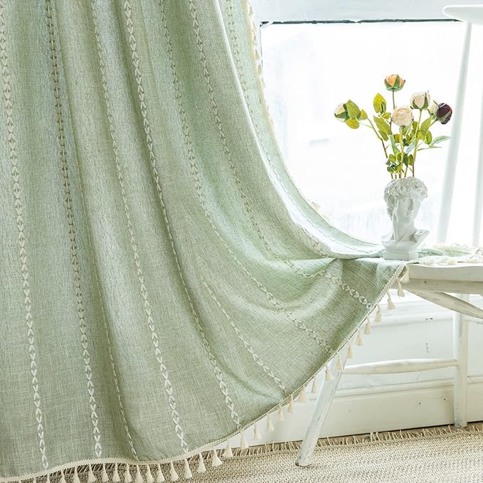 Deeprove Green Boho Curtains 84 Inches Long for Bedroom Living Room, Cotton Linen Weighted Stripes Embroidery, Semi Blackout Bohemian Farmhouse Window Treatment Drape Tassels 1 Panel W52 x L84 Sage