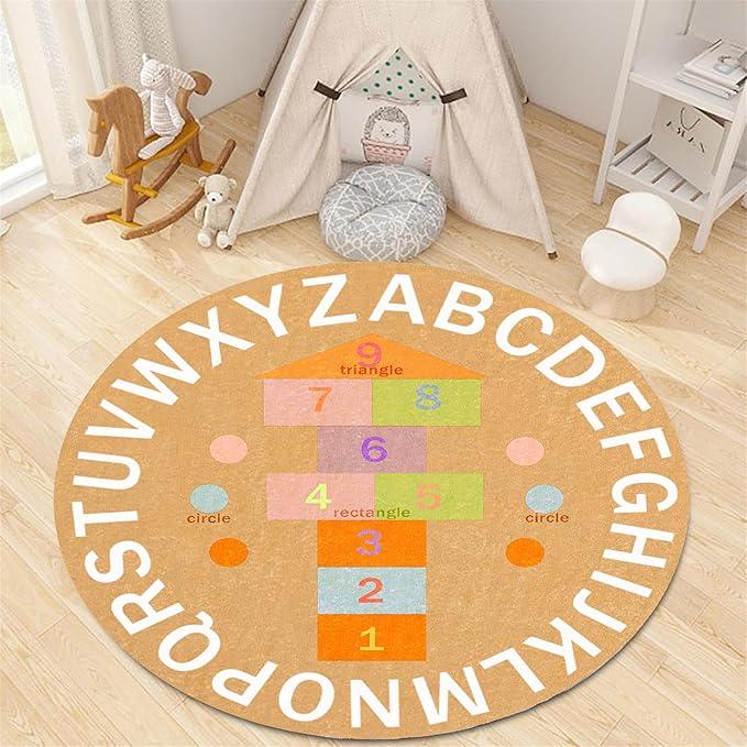 Children's Game Round Rug,6ft,ABC Alphabet Rug, Fun and Educational Hopscotchrug, Soft Non-Slip Children's Room Rug for Classroom, Nursery, Playroom, Playmat