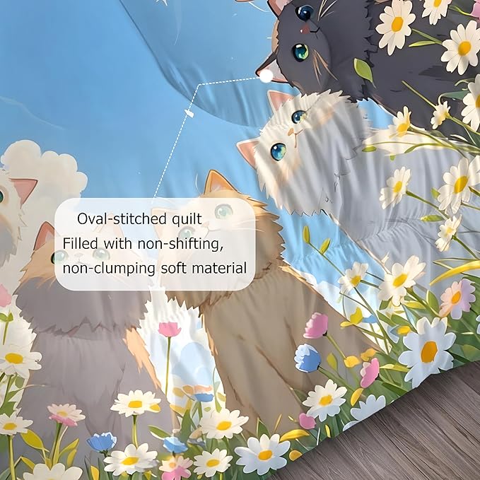 Floral Cat Comforter Set: Full Size Kawaii Cats Bedding Set Blue Sky Daisy Kitten Quilt for Teen Girls Women Kids Cartoon Flowers Feline Cute Bed Sets 3 Piece