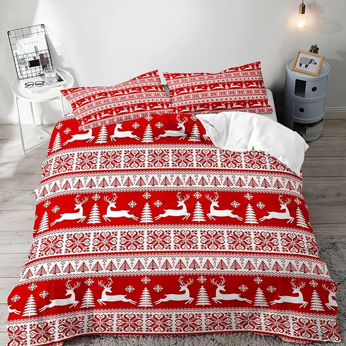 LUVIVIHOME 2PCS Christmas Duvet Cover Twin Bedding Sets, Red Duvet Cover, White Reindeer Snowflake Christmas Tree Winter Holiday New Year Xmas Striped Christmas Comforter Quilt Cover, 1 Pillow Sham