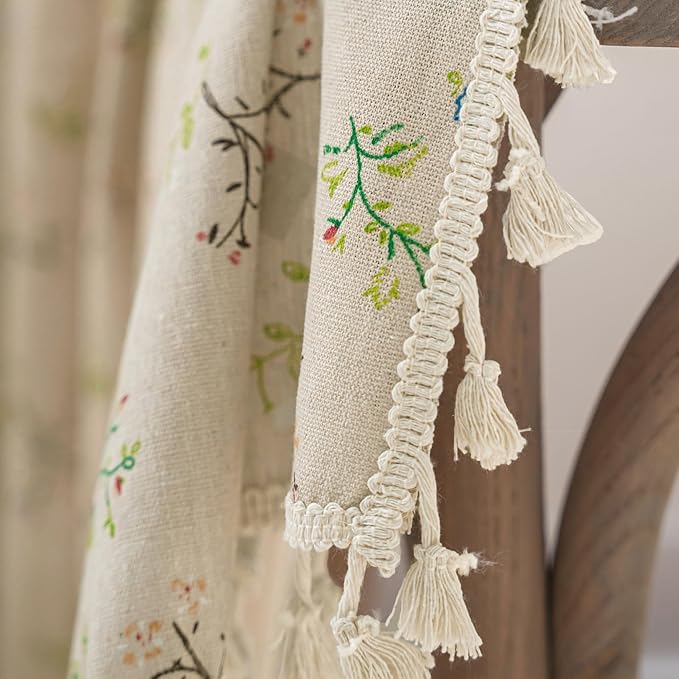 ENJOYBRIDAL Floral Farmhouse Curtains Semi-Blackout Living Room Drapes 96 Inch Length Cotton Linen Blend Bohemian Window Curtain Panels with Tassel Beige Rod Pocket Bedroom Drapes, 1 Panel