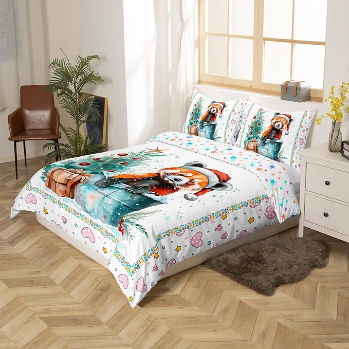 Feelyou Christmas Duvet Cover Set Xmas Tree Bedding Set for Kids Boys Girls Red Panda Love Print Comforter Cover Cute Animal Quilt Cover Room 3Pcs Full Size,Zipper,No Comforter