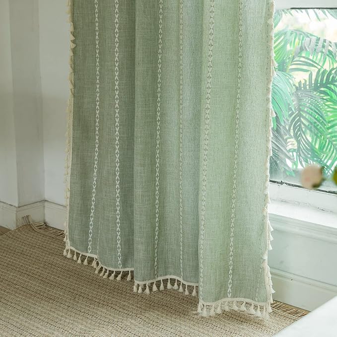 Deeprove Green Boho Curtains 108 Inches Long for Bedroom Living Room Balcony, Bohemian Embroidery Cotton Linen French Country Window Treatment Tassel Drape Extra Long, W52 x L108 1 Panel, Sage