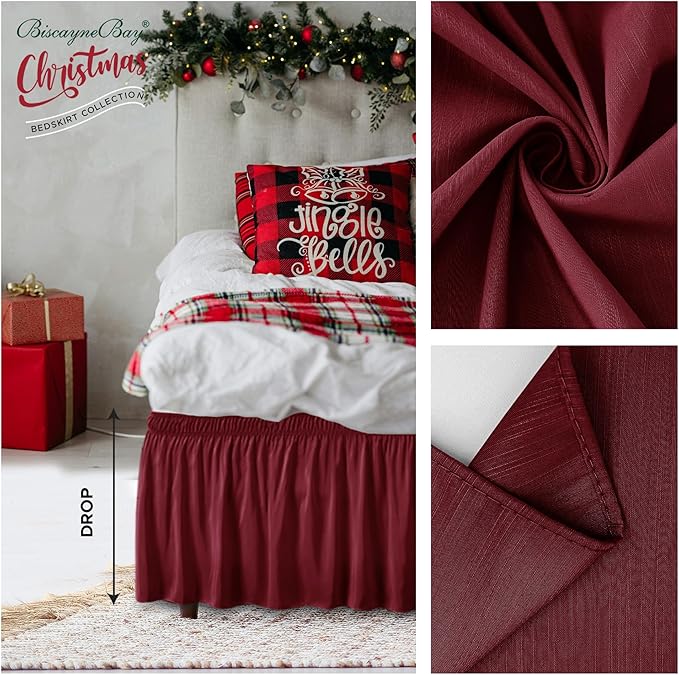 Biscaynebay Wrap Around Bed Skirts for Full & Full XL Beds Short Drop of 12", Burgundy Adjustable Elastic Dust Ruffles Easy Fit Wrinkle Resistant Silky Luxurious Fabric Machine Washable