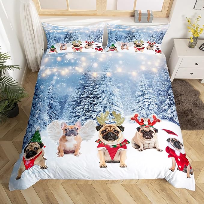 Dog Xmas Duvet Cover Cute Pug Dog Christmas Tree Style Bedding Set 3D Animal Comforter Cover for Boys Girls Children Teens Bedroom Decor White Blue Bedspread Cover Queen Size With 2 Pillow Case