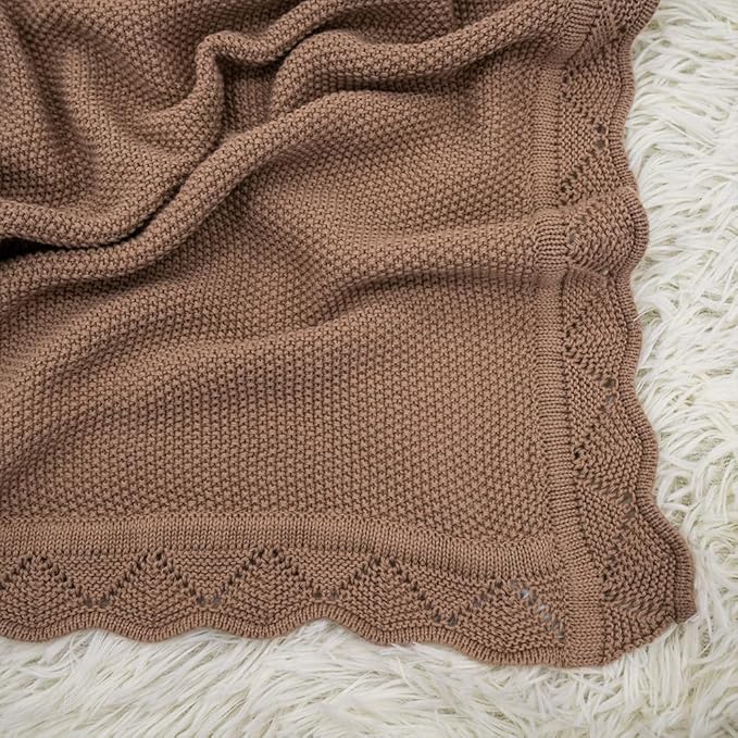 Baby Knit Blanket Soft Breathable Cotton Scallop Border Blankets Newborn Knitted Blanket Swaddle Blankets Gifts for Baby Newborn Toddler Shower Boy Girl New Mom Birthday Christmas Mocha 30x40