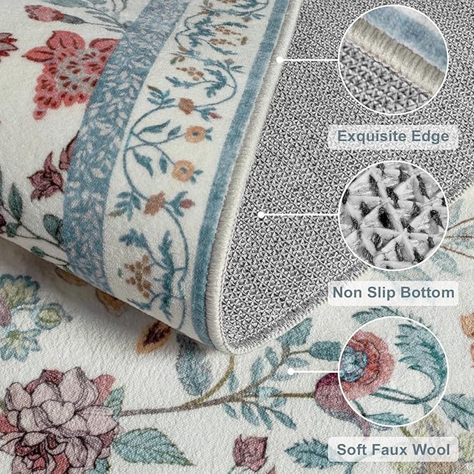 Blue Floral 5x7 Area Rug, Washable Non-Slip Boho Rugs for Living Room Low Pile Flower Birds Bedroom Rug, Soft Non-Shedding Botanical Indoor Carpet for Nursery Playroom Dining Room