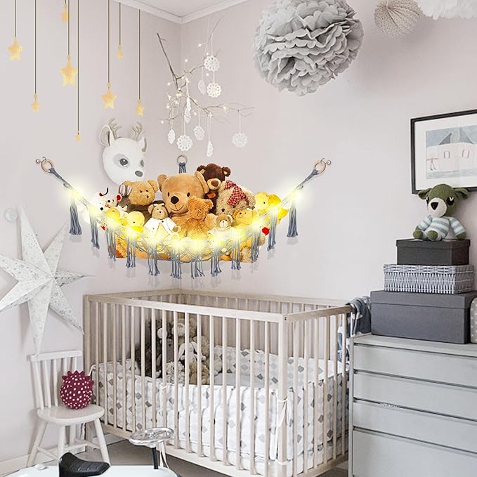 Stuffed Animal Hammock with LED Light, Large Stuffed Animals Storage Corner Plushie Net for Kids Room Decor, Grey