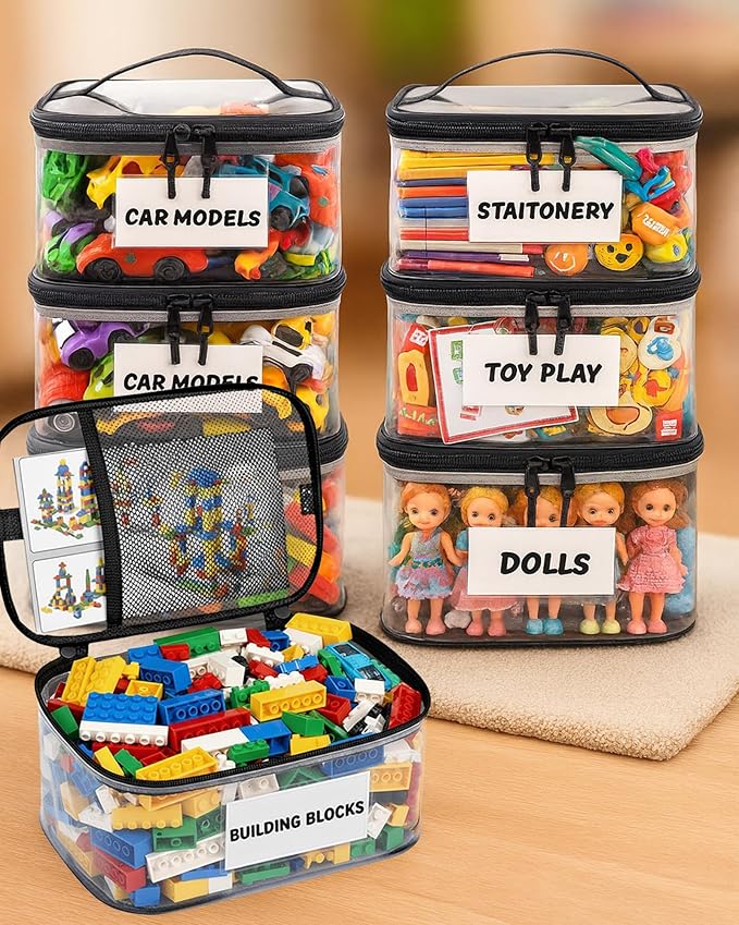 6 Pack Clear Toy Storage Bags with Tag and Manual Pocket – Versatile Waterproof Organizer Bags for Lego Bricks, Board Games, Building Blocks, Puzzles, Dolls, Books (X-Large Size, Black)