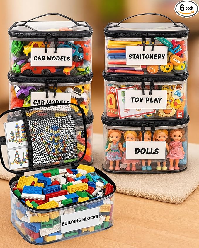6 Pack Clear Toy Storage Bags with Tag and Manual Pocket – Versatile Waterproof Organizer Bags for Lego Bricks, Board Games, Building Blocks, Puzzles, Dolls, Books (Large Size, Black)