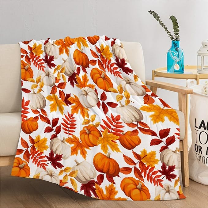 Fall Throw Blanket - Pumpkin Maple Leaf Autumn Blanket - Thanksgiving Fall Decor Gift - Ultra Plush Cozy Lightweight Thanksgiving Pumpkin Blanket for Sofa,Bed,Couch - 50"x60"-Teens/Travel Size