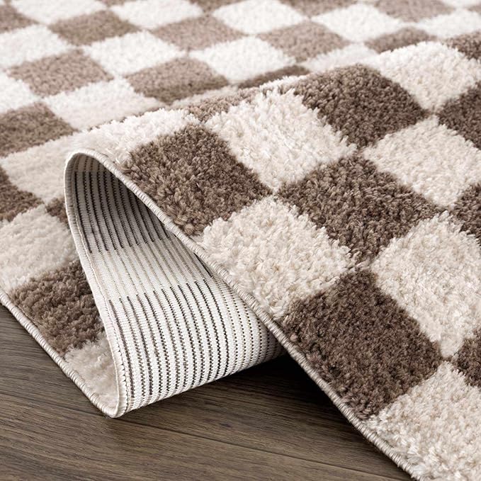 Hauteloom Canika Modern Checkered High Pile Area Rug - Contemporary Geometric Carpet for Living Room, Bedroom - Machine Washable Area Rug - Peach, Dark Brown - 2' x 2'11"