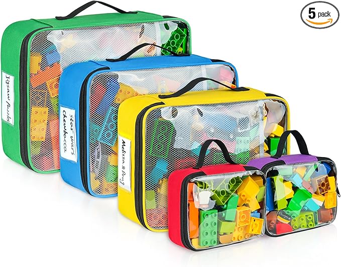 5 Packs Toy Storage Bags Compatible with Lego Bricks,Large Travel Toy Organizers for Kids Building Blocks,Toy Car,Puzzles with Mesh Pocket and Tag Pocket