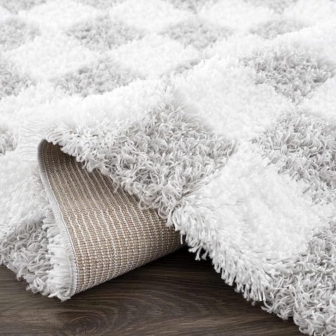 Hauteloom Atira Contemporary Checkered Fluffy Shag Area Rug - Modern Geometric Carpet Tiles for Living Room, Kids Room, Nursery - Plush Pile - Light Gray, Cream - 8'10" x 12'