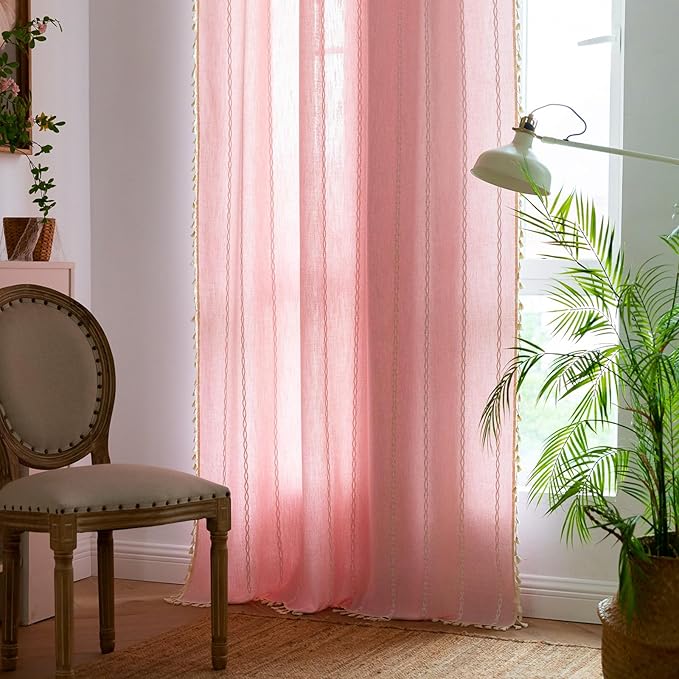 Deeprove Pink Boho Curtains 84 inches Length for Baby Girl Bedroom Nursery, Blush Bohemian 84 inches Long Embroidery Farmhouse Light Filter Privacy Style Tassel Window Treatments, W52 x L84, 1 Panel
