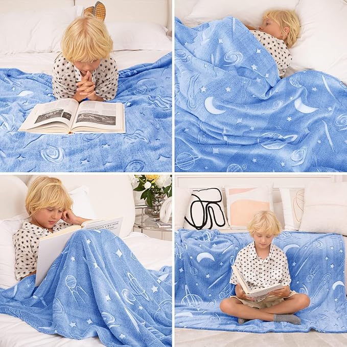 inhand Blue Space Toys Glow in the Dark Stars Blanket Birthday Gifts for Boys Cute Kids Blanket and Funny Space Planet Moon Galaxy Room Decor for Age 3 4 5 6 7 8 9 10 11 12 13 Year Old (40''x60''Blue)