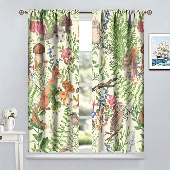 Forest Animal Curtains, Kids Rustic Wild Animal Window Treatments Watercolor Cute Woodland Fox Hedgehog Window Drapes for Nursery Toddler Bedroom 42x63in