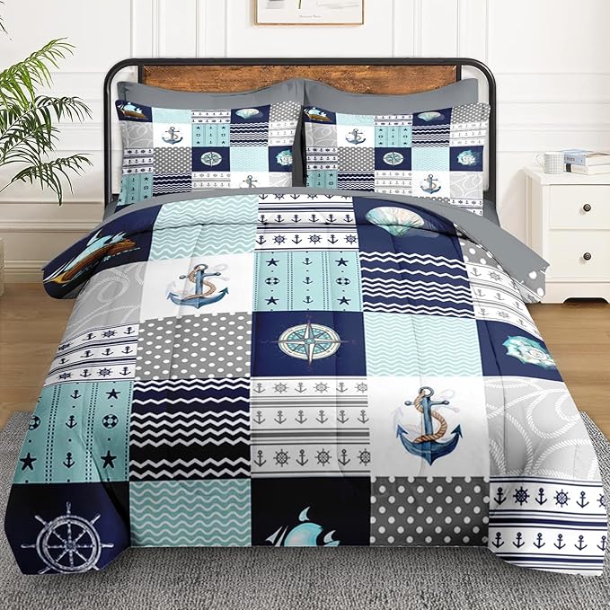 5 Pcs Twin Size Comforter Set with Pillowcase & Sham, Nautical Blue Marine Summer Bedding for Kids and Adults, Sea Ocean Boat Plaid Bed in a Bag with Flat Fitted Sheet