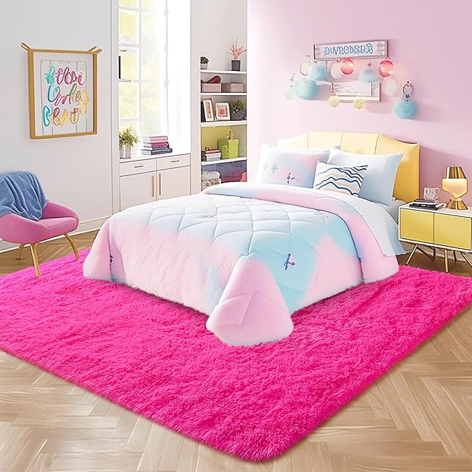 Fluffy Rug Non Slip 5x7 Feet, Hot Pink Living Room Rug Modern, Super Soft Shag Plush Large Carpets for Bedroom