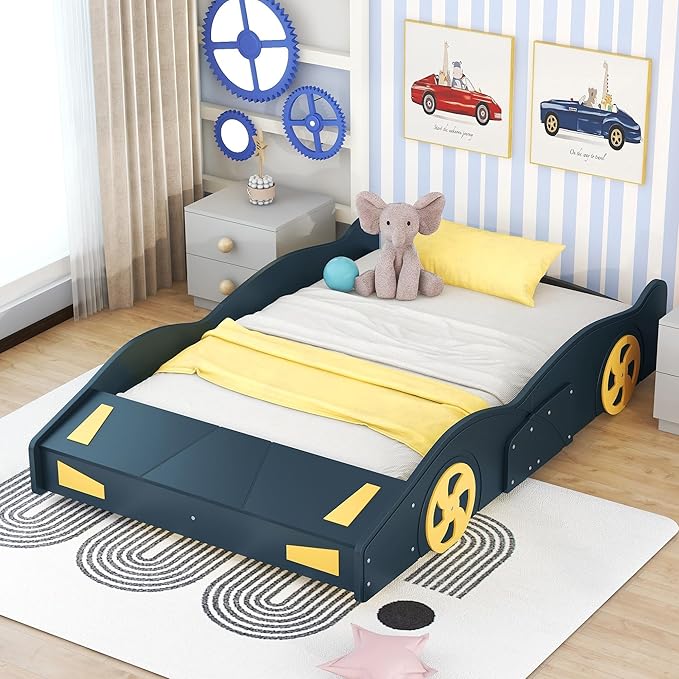 Harper & Bright Designs Full Size Race Car-Shaped Platform Bed with Wheels and Storage, Dark Blue+Yellow