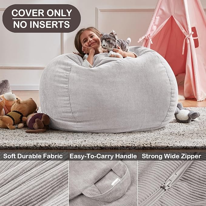 Nobildonna 3 ft Bean Bag Chair Cover (No Filler) 35"×43" Large Stuffed Animal Storage Bean Bag Washable Big Beanbag Chair Cover Premium Corduroy Bean Bag Cover for Adults,Kids,Light Grey 300L