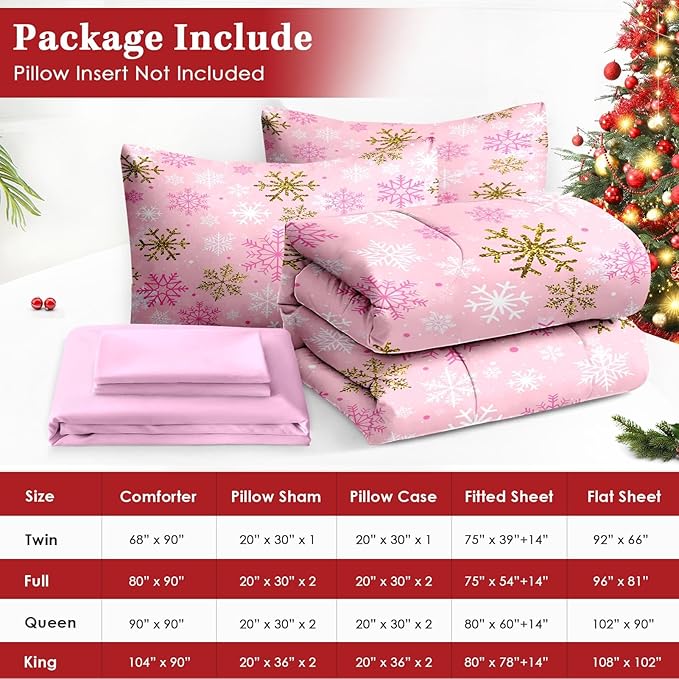 7 Pcs King Size Christmas Comforter Set with 2 Pillowcases & 2 Shams, Pink Winter Snowflake Bedding for Kids and Adults, Funny Sparkle Farm Bed in a Bag with Flat Fitted Sheet