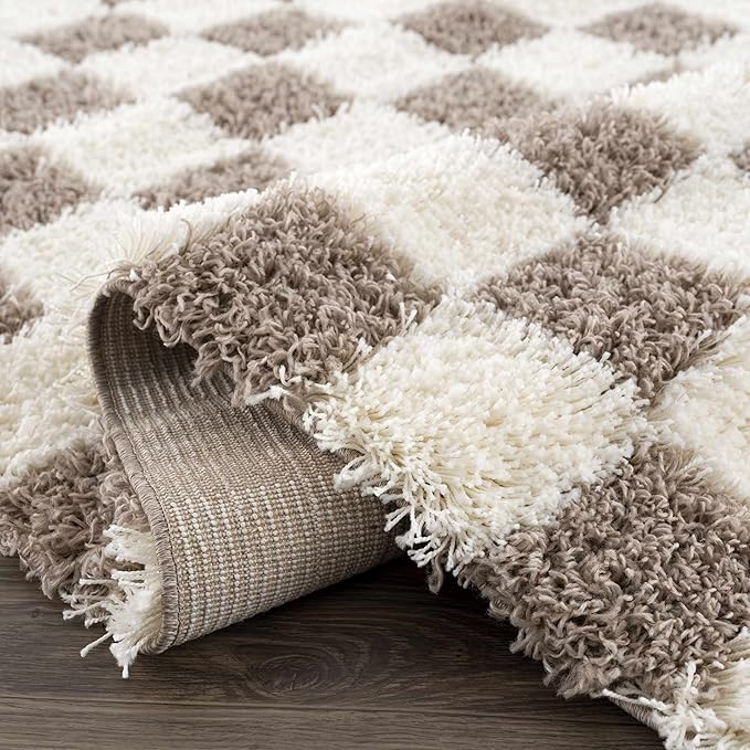 BoutiqueRugs Atira Modern Checkered Shag Area Rug - High Pile Fluffy Shaggy Carpet for Kids Room, Nursery, Living Room - Brown, Cream, White, Taupe - 7'10" X 10'3" (8x10)