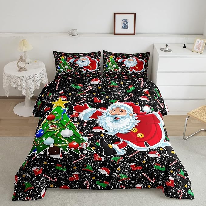 Feelyou Merry Christmas Comforter Set Santa Claus Christmas Tree Galaxy Red Black Bedding Quilt,Soft Warm Lightweight,Full Size for Girls Boys Kids 1 Comforter + 2 Pillow Cases Boys