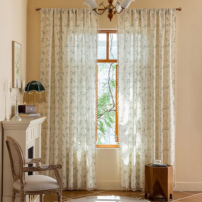 ENJOYBRIDAL White Floral 84 Inch Curtains 2 Panel Set Bedroom Tassel Drapes Boho Decor Semi Sheer Living Room Window Curtain Panels Rod Pocket Patterned Cute Rustic Window Treatments