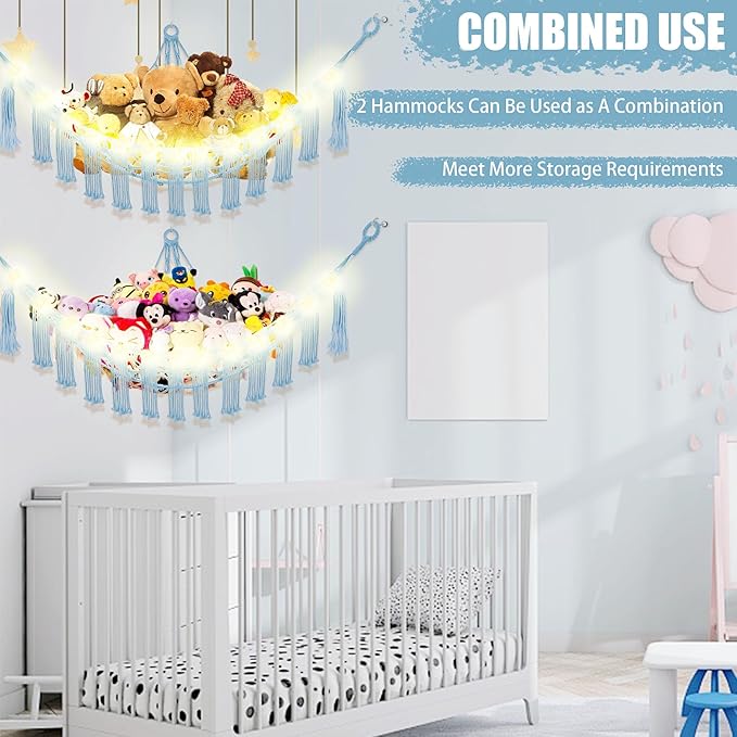 Stuffed Animal Hammock with LED Light, Large Stuffed Animals Storage Corner Plushie Net for Kids Room Decor, Jumbo Baby Blue