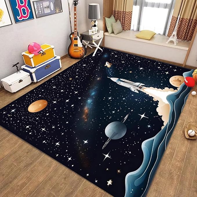 Space Children's Play Rug,3x4ft,Solar System Planet Rocket Play Mat Rug, Suitable for Boys and Girls, Home Decor,Educational Learning Play Area Rug,Suitable for Children's Bedroom Playroom