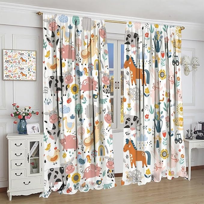 Farm Animal Curtains for Kids, Cartoon Cute Wild Animal Window Treatments Woodland Farmhouse Cow Horse Pig Window Drapes for Girls Boys Nursery Toddler Bedroom 42x63in