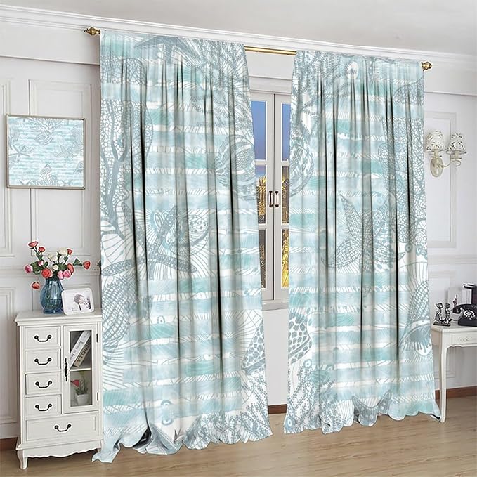 Starfish Curtains，Starfish and Seashells Coastal Curtain Ocean Themed Underwater Marine Decor Waterproof Fabric Curtain Set 2 Panels,52x84 Inches
