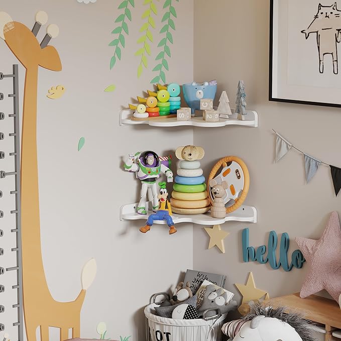 Cloud Corner Shelf Wall Mount, 2-Tier Floating Wavy Corner Wall Shelves with Cord Hole, White Funky Corner Shelves for Kid’s Room, Cute Shelves Display for Nursery,Bedroom,2 Sizes in One Set.