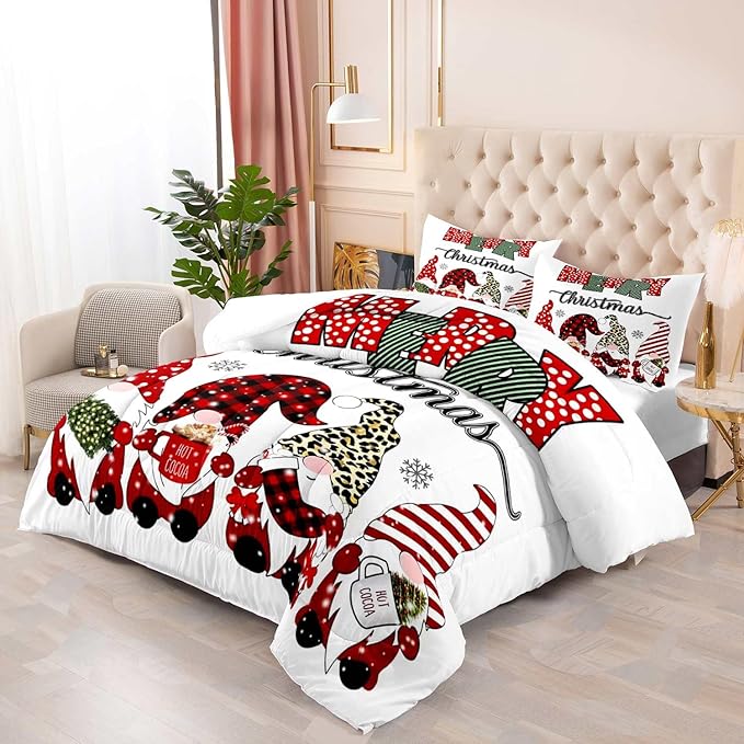 LUVIVIHOME 3PCS Merry Christmas Comforter Set King Size, Cute Gnome Bedding, Red Buffalo Plaid Striped Holiday New Year Xmas Bedding, Boys Girls Teens Kids Bedroom Decor, White Quilt, 2 Pillow Cases