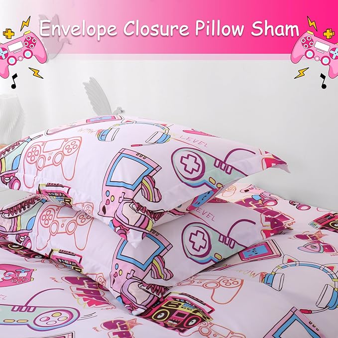 JSD Pink Gamer Kids Duvet Cover Set Queen Size, 3 Piece Teens Printed Microfiber Comforter Cover with Pillow Sham Zipper Closure, Comforter Not Included