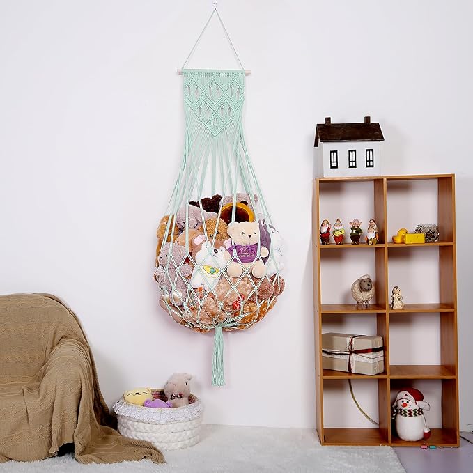 Stuffed Animal Hammock Wall Hanging Net for Stuffed Animal Net Stuffed Animal Storage Plush Toy Holder Toy Organizer for Boho Kidroom Nursery (Green)