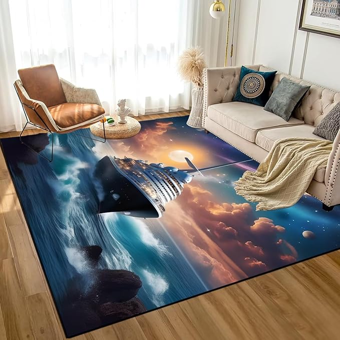 Galaxy Rug for Boys Room Nautical Ferry Boat Rugs for Kids Bedroom Cloud Ocean Space Carpet Sun Planet Printed Throw Rugs Doormat Living Room,31 in X 47 in